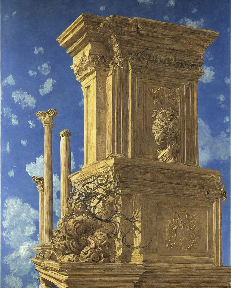 Image similar to achingly beautiful painting of intricate ancient roman corinthian capital on brilliant sapphire background by rene magritte, monet, and turner. giovanni battista piranesi.