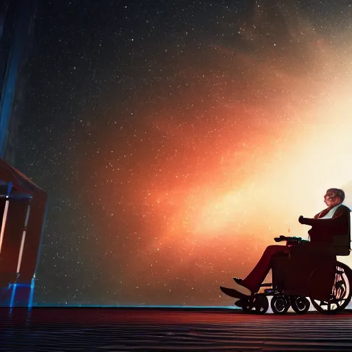 Prompt: Stephen Hawking in his wheelchair floating in completely dark outer space, digital art, trending on ArtStation, 3d rendered in octane, blender, epic lighting, highly detailed, smooth, Unreal Engine 5, cinematic, 8k, 4k