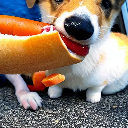 Image similar to a corgi puppy eating a hotdog