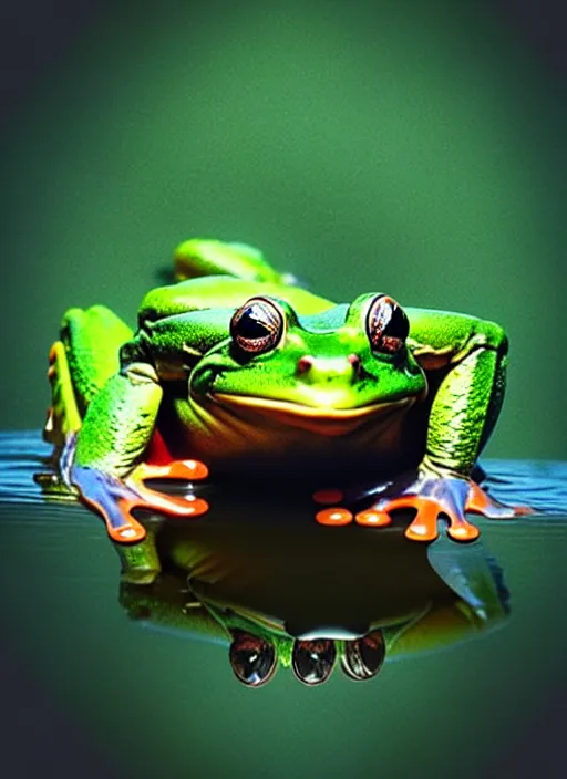 Image similar to “smiling frog vertically hovering over misty lake waters in jesus christ pose, semi translucent frog body, low angle, long cinematic shot by Andrei Tarkovsky, paranormal, eerie, mystical”