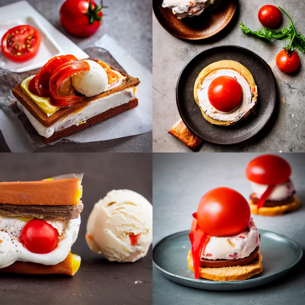 Prompt: ice cream sandwich with onion and tomato, food photography