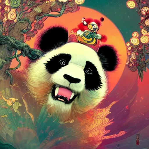 Image similar to a beautiful hyperdetailed character design 4 k wallpaper illustration of a cute panda with a chinese lion dance head victo ngai cyberpunk style, from china, style of studio ghibli, makoto shinkai, raphael lacoste, louis comfort tiffany, artgerm, james jean, ross tran, chinese style