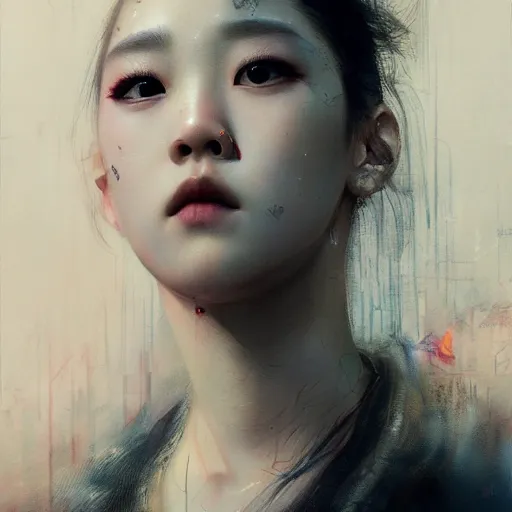 Image similar to jisoo of blackpink, hyperrealistic portrait, bladerunner street, by karol bak and agnes cecile, fantasy art, photo realistic, dynamic lighting, artstation, poster, volumetric lighting, very detailed face, 8 k, award winning