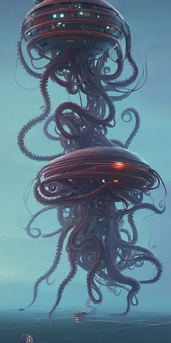 Prompt: mechanical octopus jellyfish spaceship with long tendrils, lots of hanging cables and wires, sci - fi concept art, by john harris, by simon stalenhag, stunning, award winning