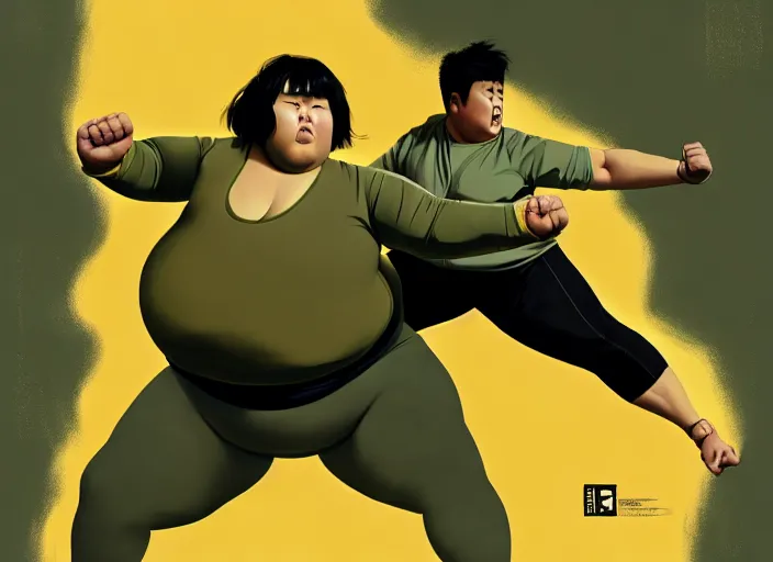 Image similar to duotone olive green gray illustration 3 / 4 portrait of fat woman fighting bruce lee style. dynamic chaotic composition random golden renaissance proportion. author sachin teng and sergei wheelsov and ruan jia and heng z. graffiti art, scifi, sci - fi, hyper detail. octane rendering. concept art. trend on artstation