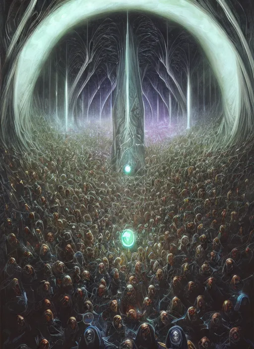 Image similar to a quantum computer surrounded by a dark cabal of multiple hooded elven mystics in long dark robes gathered in a circular formation, dan seagrave art, michael whelan, artstation, cgsociety, epic scifi fantasy art