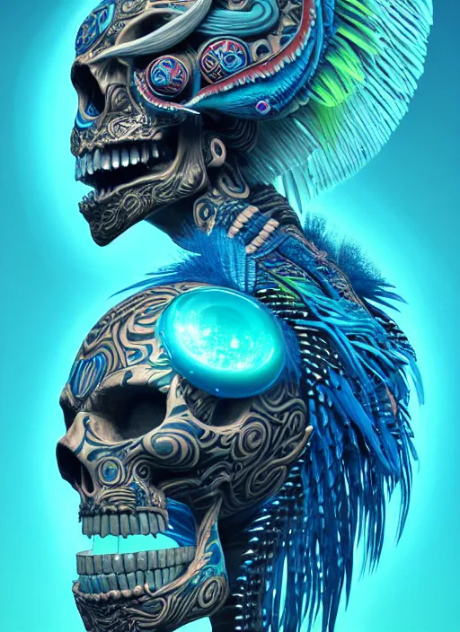 Image similar to 3 d shaman with tattoos profile portrait, sigma 5 0 0 mm f / 5. beautiful intricate highly detailed quetzalcoatl skull and feathers. bioluminescent, gradient background, plasma, frost, water, wind, creature, thunderstorm! artwork by tooth wu and wlop and beeple and greg rutkowski, 8 k trending on artstation,