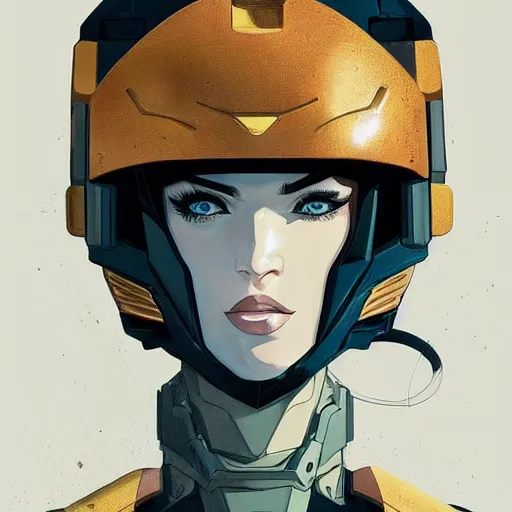 Image similar to portrait of stunning megan fox gundam pilot, with an intricate, detailed, urban inspired hiphop afro futuristic helmet, vector behance hd jesper ejsing, rhads, makoto shinkai, lois van baarle, ilya kuvshinov, rossdraws, hd, 3 2 k, ilya kuvshinov, gustav klimt