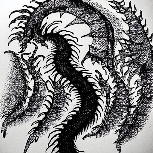 Image similar to “fire breathing dragon, stippling”
