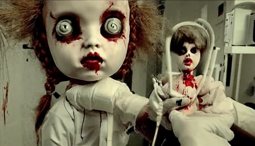 Prompt: big budget horror movie about an evil killer doll injecting someone with a syringe