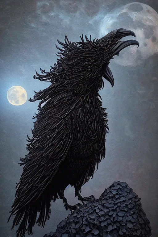 Image similar to Intricate stunning highly detailed raven by agostino arrivabene and Vladimir Kush, metal sculpture, ultra realistic, Horror, dramatic lighting, full moon, blood moon, thick black swirling smoke, volcanic smoke plume, burning fire embers