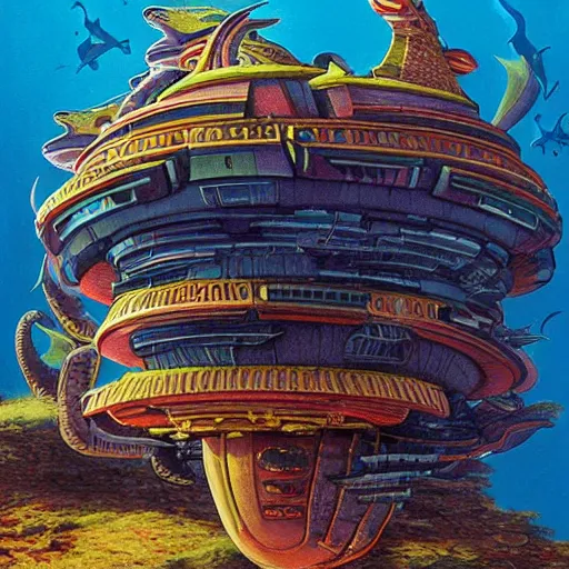 Image similar to side view a beautiful painting of a shark palace by Angus Mckie, Trending on artstation future space CG