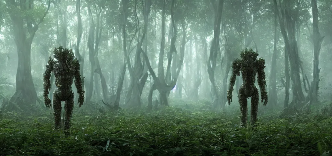 Image similar to a complex organic fractal 3 d metallic symbiotic ceramic humanoid megastructure creature in a swampy lush forest, foggy, sun rays, cinematic shot, photo still from movie by denis villeneuve, wayne barlowe