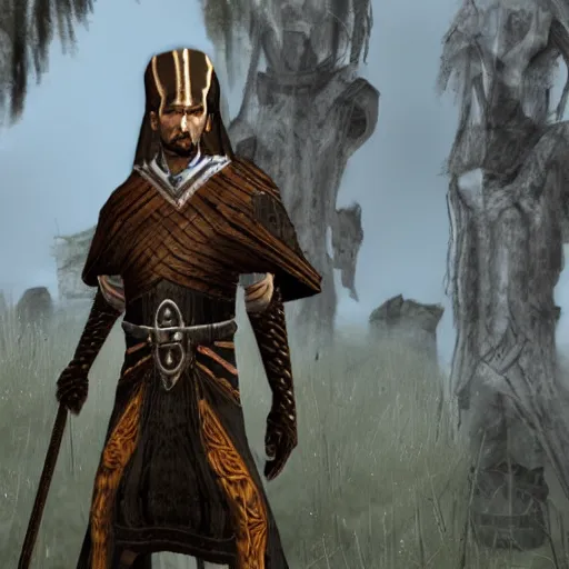 Prompt: Igor Ghirkin Strelkov in The Elder Scrolls III: Morrowind as a dark elf