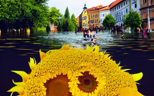 Image similar to City of Ljubljana flooded with sunflowers and people swimming through them, digital art, trending on artstation