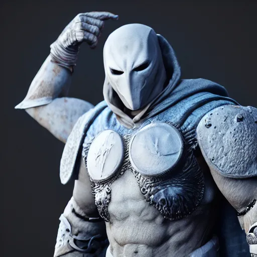 Image similar to render of moon knight mixed with krator from gow, artstation, accurate, 8 k, cgivfx, quixel, wetastudiofx, bigstudiovfx, octanerender 3 d, framestorevfx, cgrecord, highdensity, highradiosity