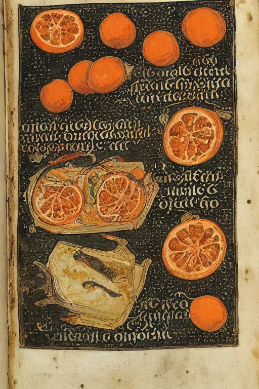 Prompt: high detailed image in medieval codex with reciept of grilled oranges on fire, gothic text, imperial museum collection