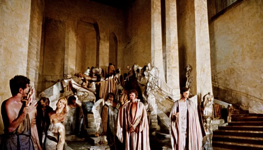 Image similar to movie still by tarkovsky of caligula stabbed to death by senators on huge stairs, cinestill 8 0 0 t 3 5 mm, high quality, heavy grain, high detail, dramatic light, ultra wide lens, anamorphic