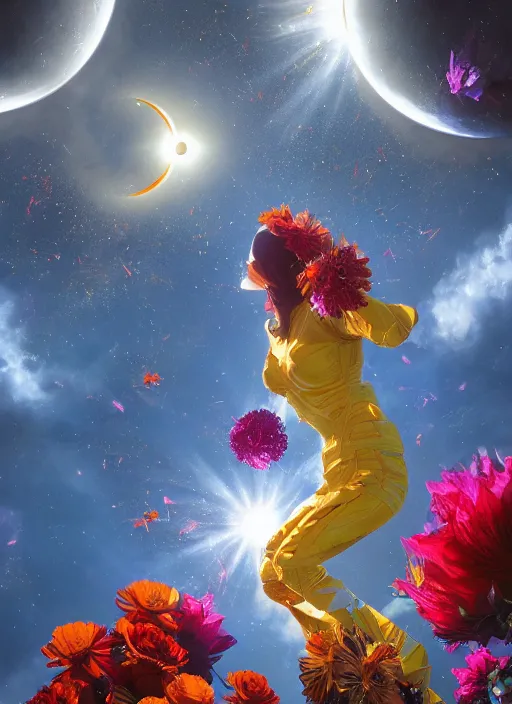 Image similar to An epic fantastic realism comic book style painting of the most beautiful flowers launched into space, bouquets, solar eclipse, fisheye, unreal 5, DAZ, hyperrealistic, octane render, dynamic lighting