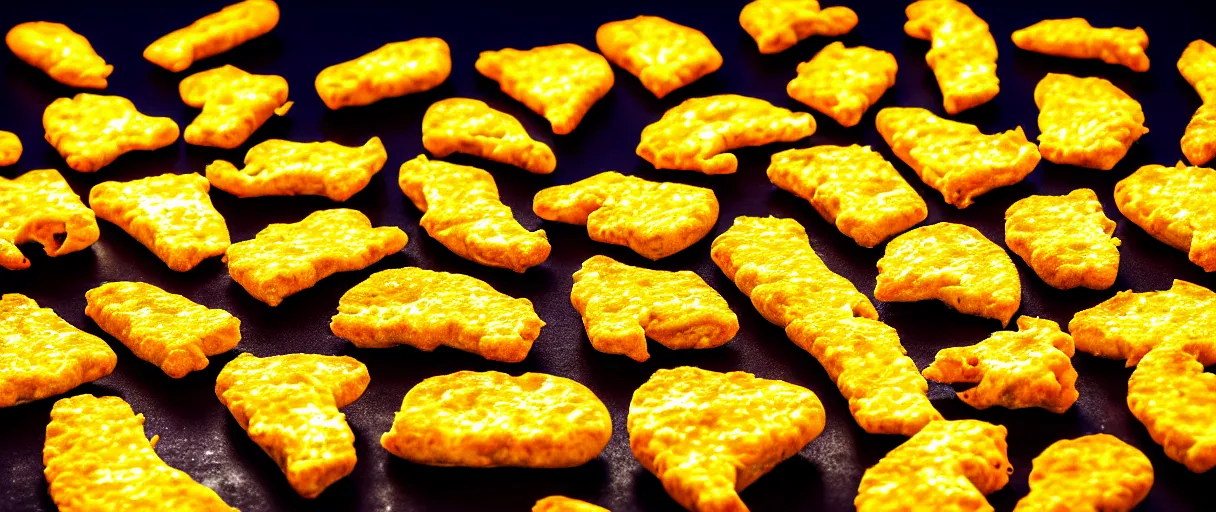 Prompt: pop art gooey pizza slices and chicken nuggets walter battiss dramatic yellow lighting low angle hd 8k sharp shallow depth of field