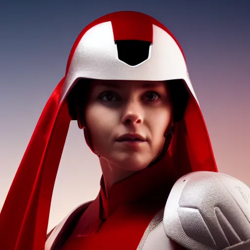 Image similar to headshot of a athletic female soldier in glossy sleek white armor with tiny red details and a long red cape, heroic posture, on the surface of mars, night time, dramatic lighting, cinematic, sci-fi, hyperrealistic