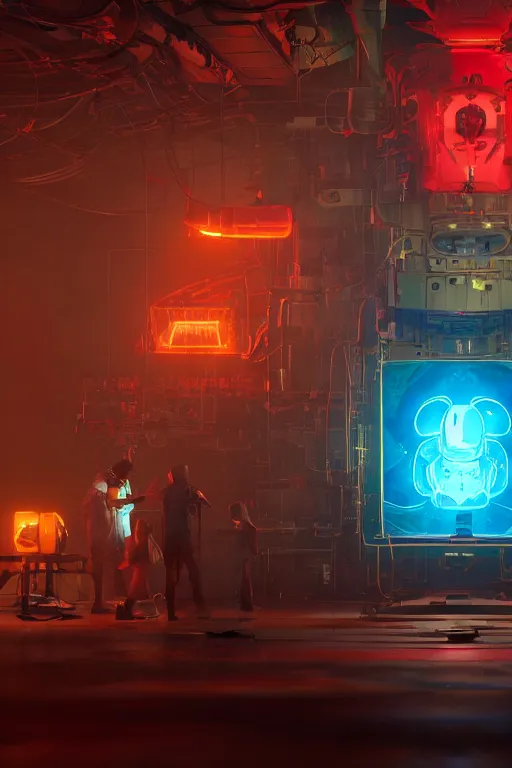 Prompt: bunch of mechanics working on big mickey mouse head, red glowing netflix logo behind, made by beeple, cgsociety, unreal engine, octane render, greg rutkowski, alphonse mucha, cinematic lighting, dark room, low light, sharp focus, 4 k highly detailed art