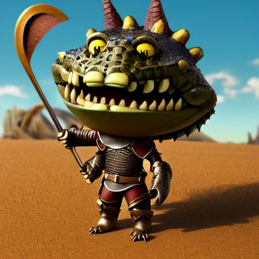 Image similar to antropomorphic medieval knight crocodile warrior as nendoroid walking in a desert in the croods movie style, anime, disney, pixar, 8 k, hd, dof, kodak film, volumetric lighting, subsurface scattering, photorealistic, octane render, details