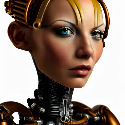 Image similar to close - up portrait of a beautiful female steampunk android in the style of ex the fifth element