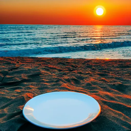 Prompt: professional photo of empty white dish in the middle of a table with a sunset on the beach in the background