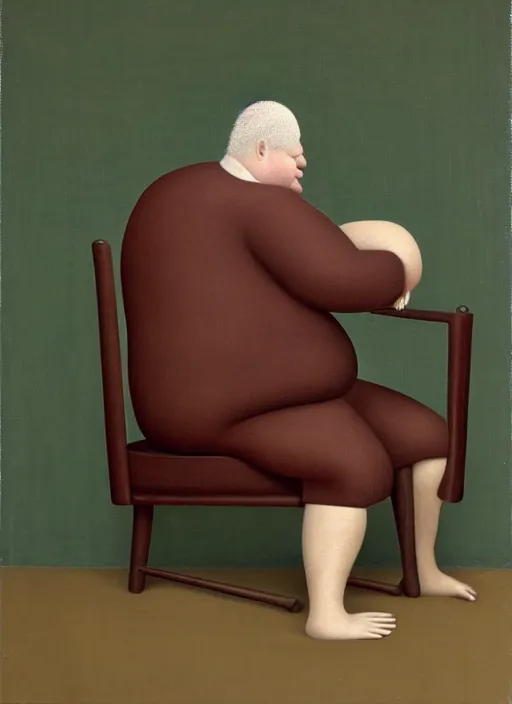 Image similar to fat man sitting on chair, sweat, fat, frustrated, art by gertrude abercrombie