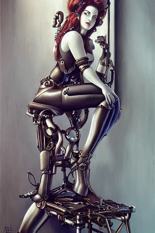 Image similar to retrofuturistic female android tied to a chair, steampunk, gears, detailed mechanical parts, painting by artgerm julie bell Jean Delville