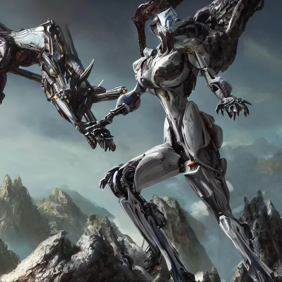 Image similar to extremely detailed cinematic low ground shot of a giant 1000 meter tall beautiful stunning female warframe goddess, that's an anthropomorphic hot robot mecha female dragon, silver sharp streamlined armor, detailed head, sharp claws, glowing Purple LED eyes, sitting cutely in the background on top of a mountain, a tiny forest with a village in the foreground, fog rolling in, dragon art, warframe fanart, Destiny fanart, micro art, macro art, giantess art, fantasy, goddess art, furry art, furaffinity, high quality 3D realistic, DeviantArt, Eka's Portal, HD, depth of field