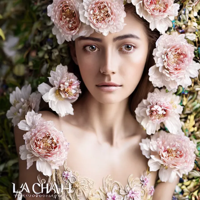 Image similar to photo portrait of a beautiful woman dressed in long elegant intricate ornamental ethereal floral dress, natural skin tone, highly detailed realistic flowers ornament in the upper side of breast, bust with a long beautiful neck , long blond hair are intricate with highly detailed realistic flowers, elegant, Realistic, Refined, Highly Detailed, natural outdoor soft pastel lighting colors scheme, outdoor fine art photography by la Chapelle, volumetric lighting, hyper realistic photography