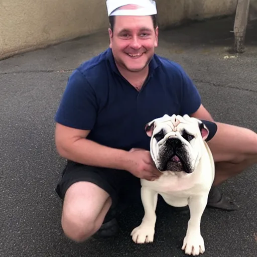 Image similar to a homless man holding an english bulldog wearing a crown