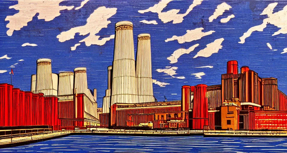 Prompt: battersea power station, highly detailed, dramatic lighting, intense shadows, rich deep colours, by roy lichtenstein