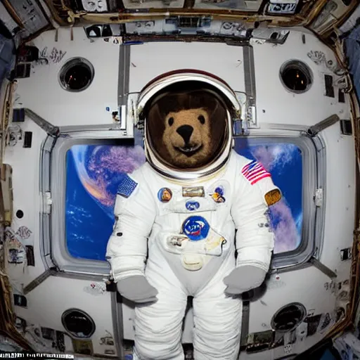 Prompt: kanye college dropout bear in the international space station dressed as an astronaut