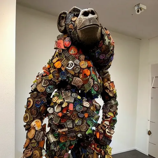 Image similar to A sculpture made of recycled materials but with perfect definition, 🍄🦍