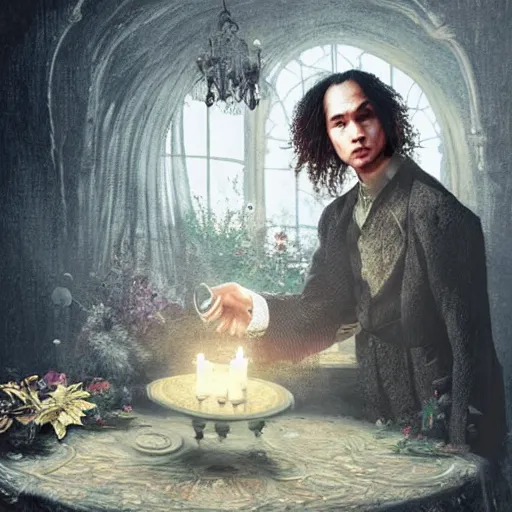 Image similar to Frank Dillane with a crystal ball conducting a seance, intricate, digital painting, old english, victorian, sepia, whimsical background by marc simonetti, artwork by liam wong