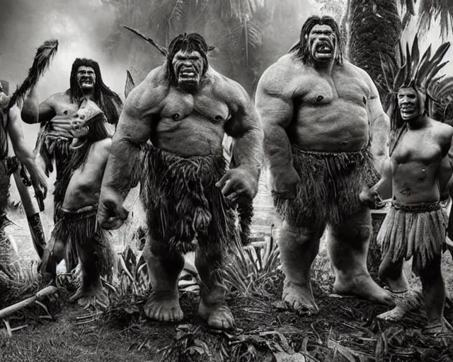 Image similar to hyper realistic group vintage photograph of a live action warcraft orc warrior tribe in the jungle, tall, hulk like physique, detailed faces, tribal paint, tribal armor, grain, old, monochrome, sepia toned, realistic lighting, wide angle