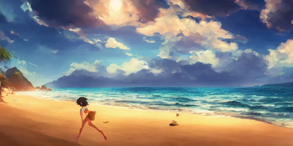 Prompt: a beach, cinematic angle, studio Ghibli, volumetric lighting, bold, beautiful composition, intricate, elegant, digital art, detailed, oil painting, hyperrealistic, sharp focus, 8k
