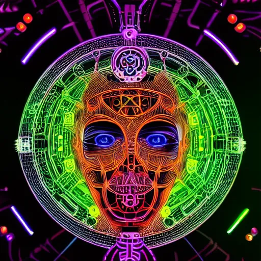 Prompt: hyperdetailed masterpiece portrait of a steampunk robot, covered in colorful glowing holy geometry and chakras, wearing multicolored tubes and cables, 8 k, halluzinogenic, flourescent colors on black background, sticker art