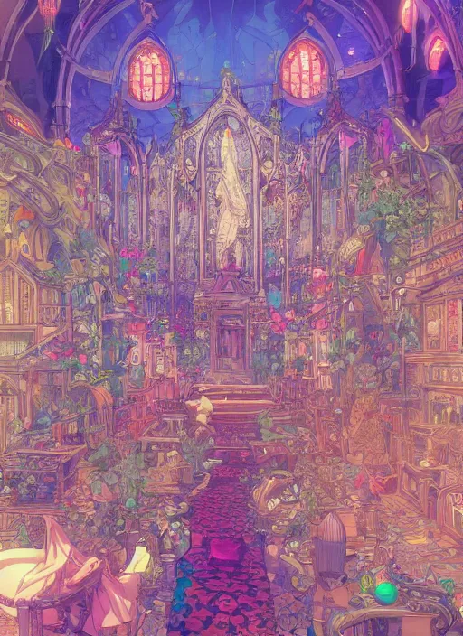 Image similar to the church of anime, an ultrafine detailed 3 d render by james jean, intricate linework, bright colors, final fantasy, behance contest winner, vanitas, angular, altermodern, unreal engine 5 highly rendered, global illumination, radiant light, detailed and intricate environment