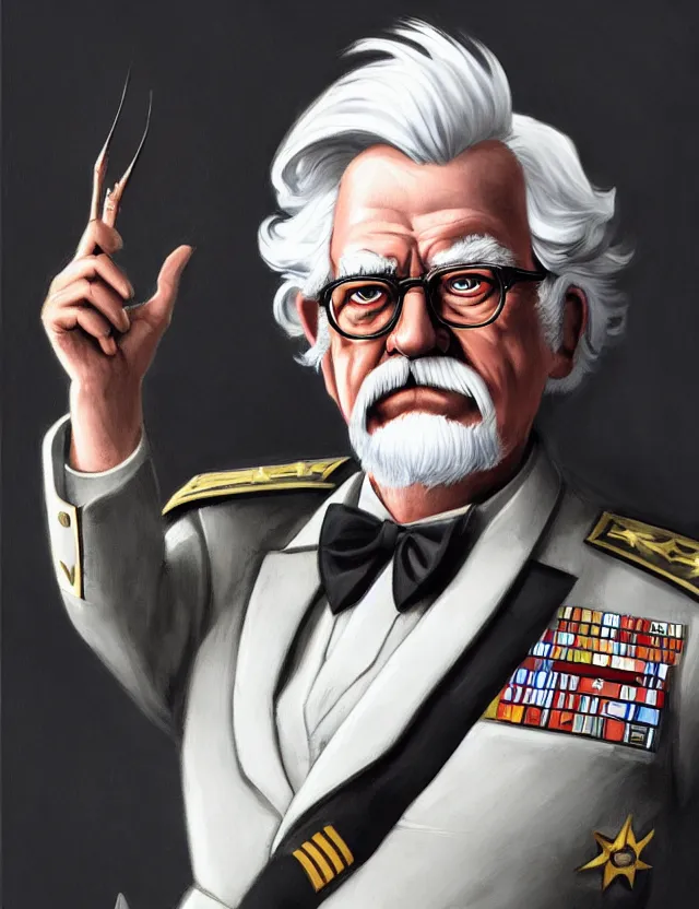 Image similar to a portrait of colonel sanders as a military dictator, by moebius and tyler edlin and hr giger, trending on artstation, digital art, 4 k resolution, detailed, high quality, sharp focus, hq artwork, coherent, insane detail, concept art