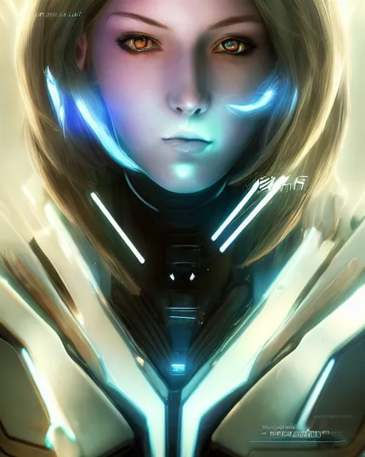 Image similar to perfect android girl on a mothership, warframe armor, beautiful face, scifi, futuristic, galaxy, nebula, raytracing, dreamy, long white hair, blue cyborg eyes, sharp focus, cinematic lighting, highly detailed, artstation, divine, by gauthier leblanc, kazuya takahashi, huifeng huang