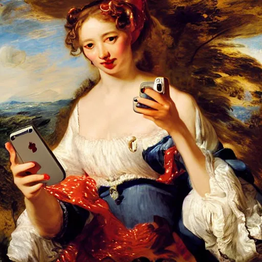 Image similar to heavenly summer sharp land sphere scallop well dressed lady taking a selfie with her iphone auslese, by peter paul rubens and eugene delacroix and karol bak, hyperrealism, digital illustration, fauvist, iphone