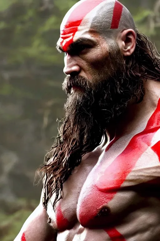 Image similar to film still from god of war, a highly detailed beautiful closeup photo of jason momoa!!!! kratos with long! windblown! wet hair! holding a sword and fighting zombies on a pile of human skulls, spartan warrior, olympian god, muscular!!!, masculine confident pose, ambient lighting, volumetric lighting, octane, fantasy