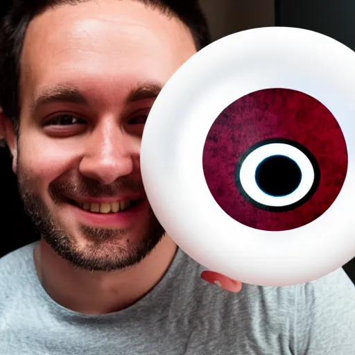 Prompt: guy with a with a simplistic white circle full smile mask holding large eyeballs that look like marbles