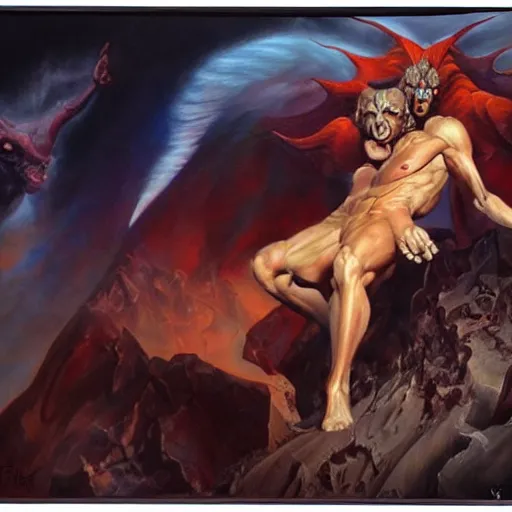 Image similar to detailed portrait of satan if he never fell from heaven lived intricate, hyper detailed, realistic, oil painting, by julie bell, frank frazetta, cinematic lighting