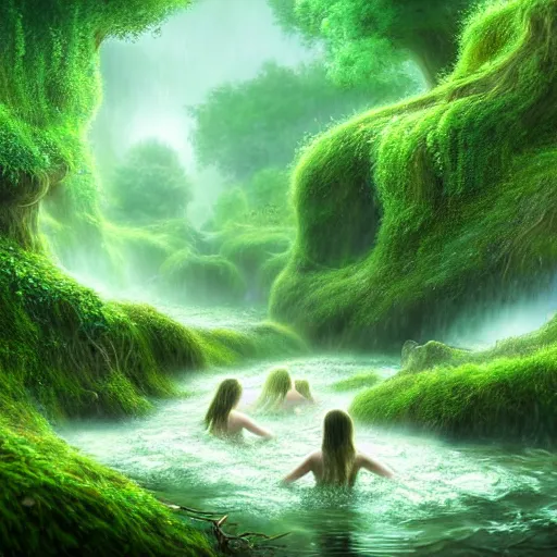 Image similar to beautiful digital fantasy illustration of A woody green field with a stream running through it, with a group of dryad women standing in the water. They seem to be preparing to submerge themselves in the cool, clear waters of the stream. cgsociety, fantasy art, highly detailed, soft lighting, rendered in octane, masterpiece, very very very aesthetic