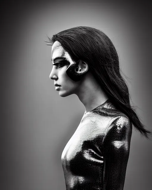 Image similar to a profile portrait, a stunning young woman - crow - cyborg, editorial photography, bw, shot on 7 0 mm, depth of field, f / 2. 8, high contrast, 1 6 k, volumetric lighting, shiny, insanely detailed and intricate, hypermaximalist, elegant, ornate, hyper realistic, super detailed